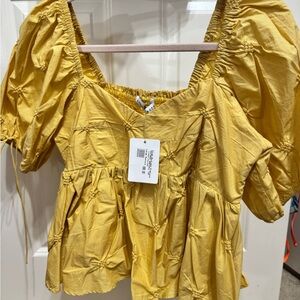 Endless Rose Gold Ruched Blouse with Puff Sleeves and tie on the sleeves